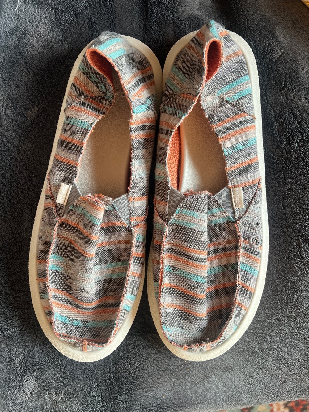 NWOT Sanuk Slip-On Shoes in Gray, Teal & Coral Stripe